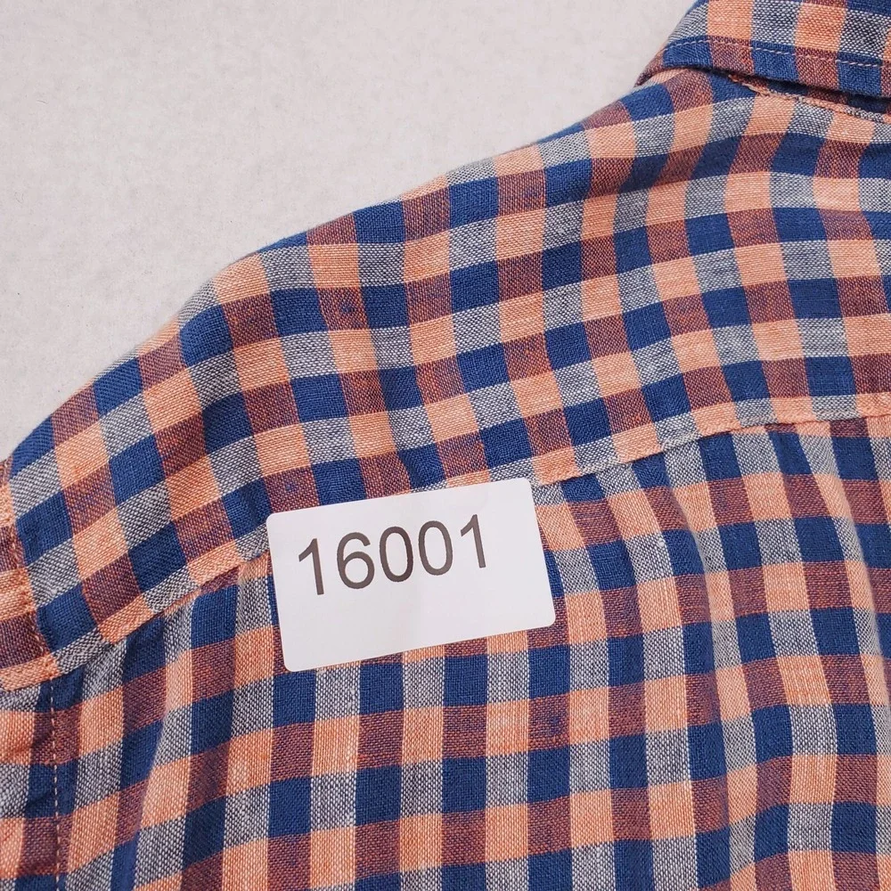 Banana Republic Shirt Mens Large Blue Peach‎ Camden Linen Gingham Plaid Preppy